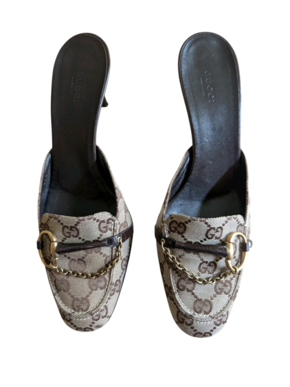 GUCCI GG Canvas Leather Horse-Bit Mules 9.5M Beige Brown Almond Toe VINTAGE